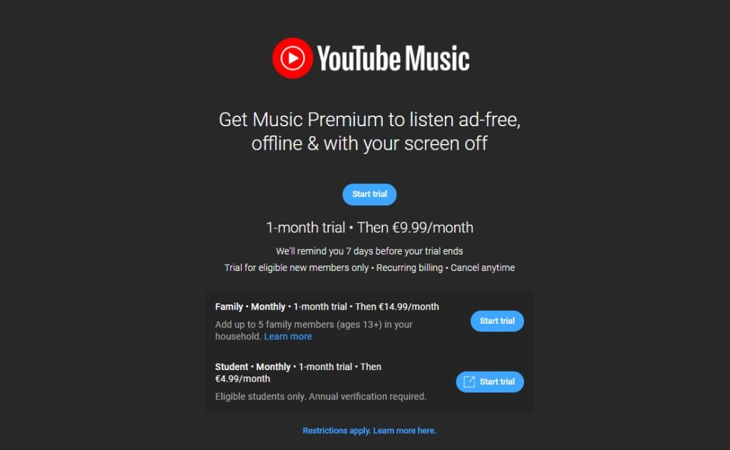 YouTube Music price