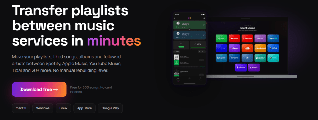 FreeYourMusic page for transferring playlists between music services