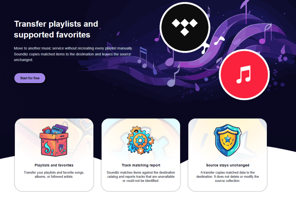 Soundiiz transfer page for playlists and supported favorites