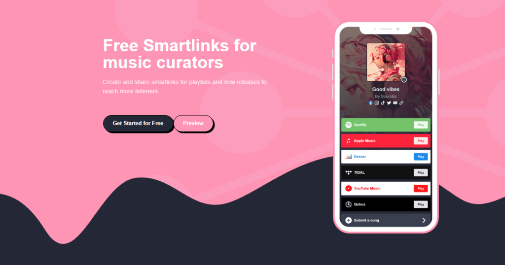 Soundiiz Smartlink page with links to a playlist on multiple streaming services