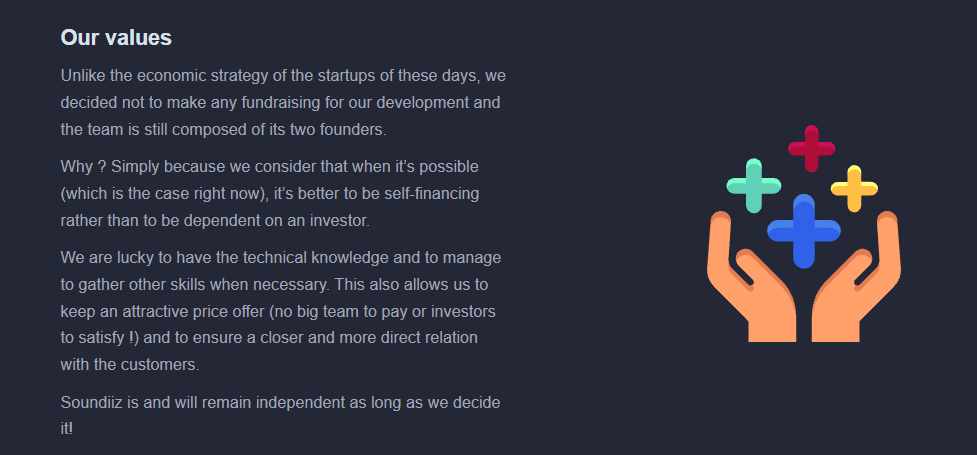 Soundiiz About page explaining its independent, self-funded model