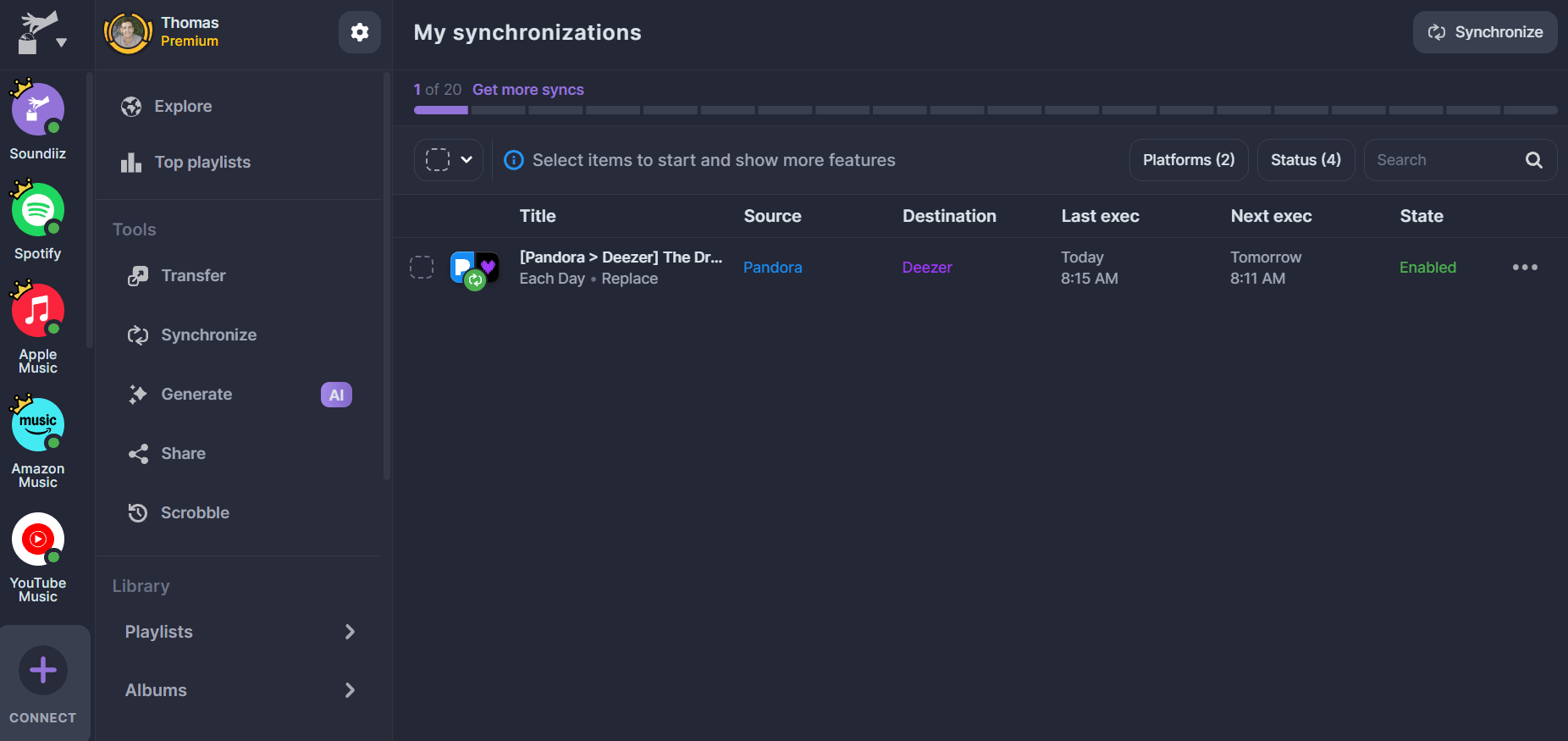 Soundiiz Synchronize dashboard showing an enabled Pandora-to-Deezer playlist synchronization