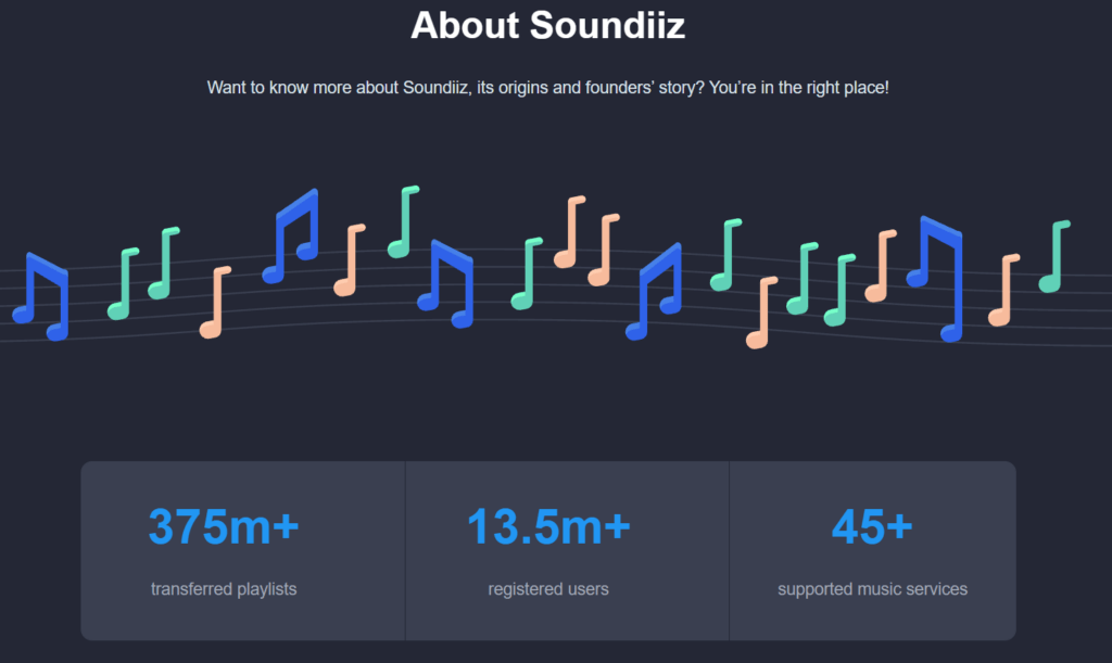 Soundiiz About page showing 375M+ transferred playlists, 13.5M+ users, and 45+ supported music services