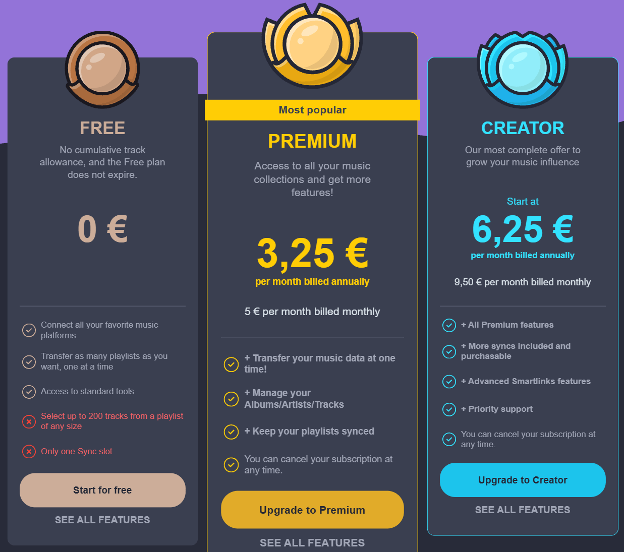 Soundiiz Free, Premium, and Creator pricing plans